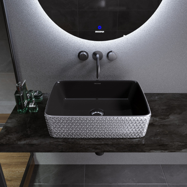 Раковина накладная (48х37) Grossman Color GR-3016SBR, серебро, черный